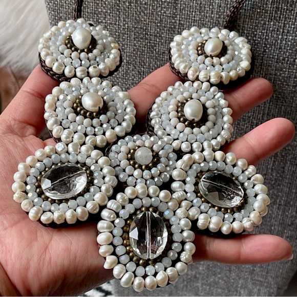 Mosaic Semi-Precious Stones Large White Bib Handmade 16" - 18" Necklace - Picture 4 of 15